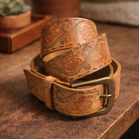 Accessories - Tooled Brown Leather Belt | Embossed Scroll Design | Size S | Genuine Leather